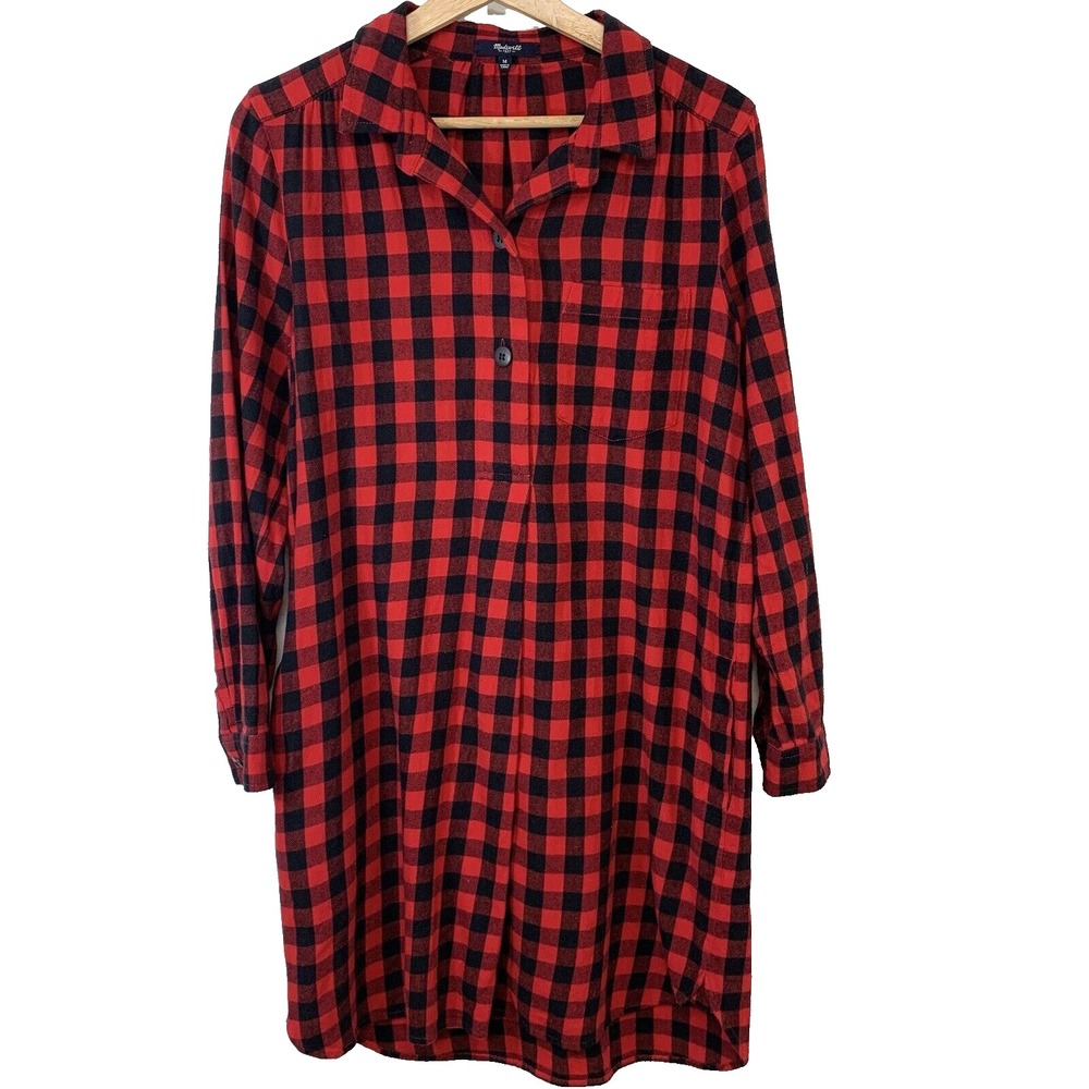 Madewell Red Buffalo Plaid Pop Over Flannel Shirt Dress Medium Cotton Pockets
